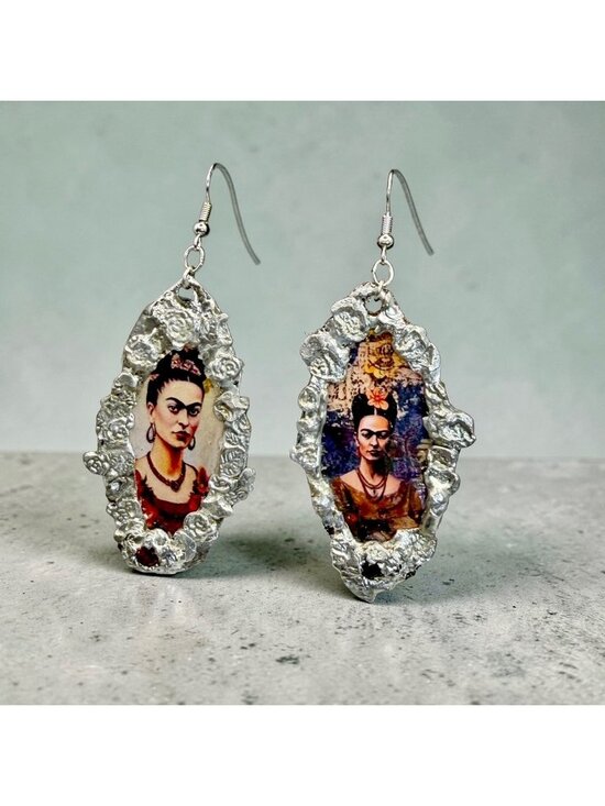 Hand Crafted Jewelry - Echoes of Frida: Handcrafted Portrait Drop Earrings w/ Hessonite & Black Garnet